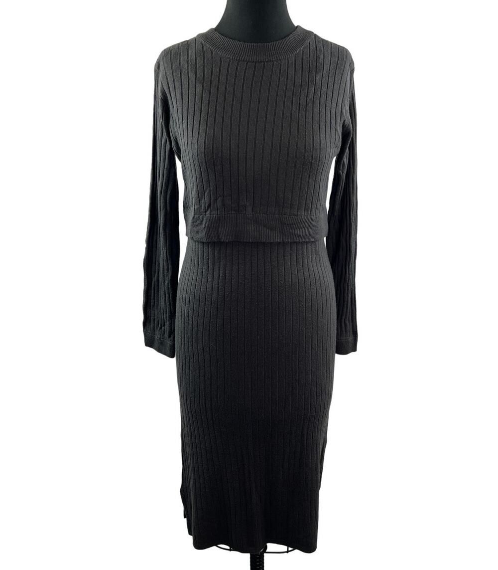 Madresstyle Gray Midi Dress Cotton Knit Rib Crew Neck Long Sleeve Size L Large